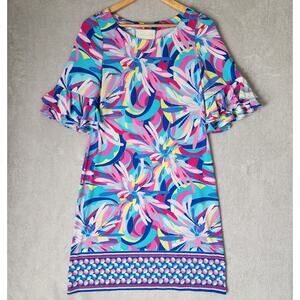 Pappagallo Dress Womens Small Bright Floral Ruffle Tiered Sleeve Stretch Knit